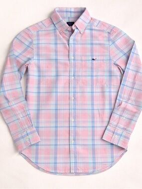 Vineyard Vines Pastel Pink and Light Blue Plaid Button-Down Shirt XS